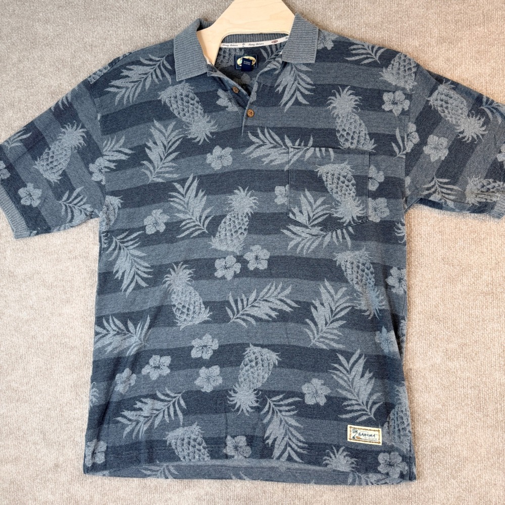 Tommy Bahama Relax Mens Blue Gray Pineapple Tropical Stripe Polo Shirt 24-T2686